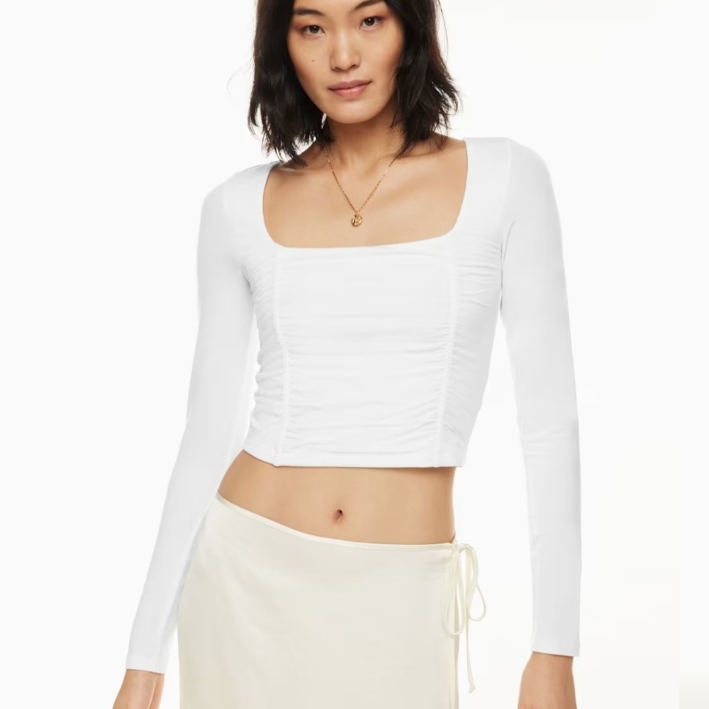 Wilfred Aritzia Elegant Ruched Clean Girl Cottagecore White Long Sleeve Top Sz S